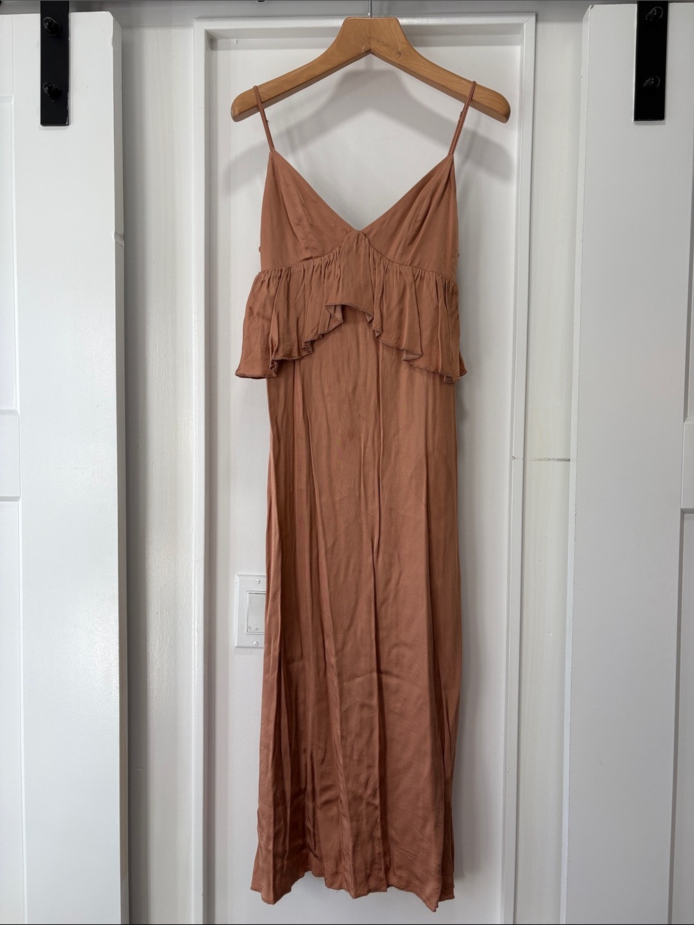 H&M Tan Clay Blush Ruffle Silky Slip Midi Dress Size 2